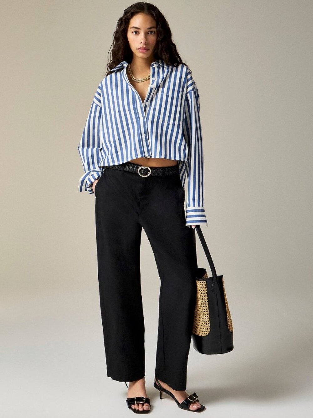 J Crew Etienne Cropped Button-Up Shirt in Striped Cotton Poplin